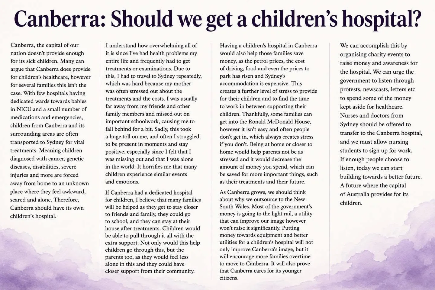 Isabelle's written piece titled Canberra: Should we get a children's hospital?